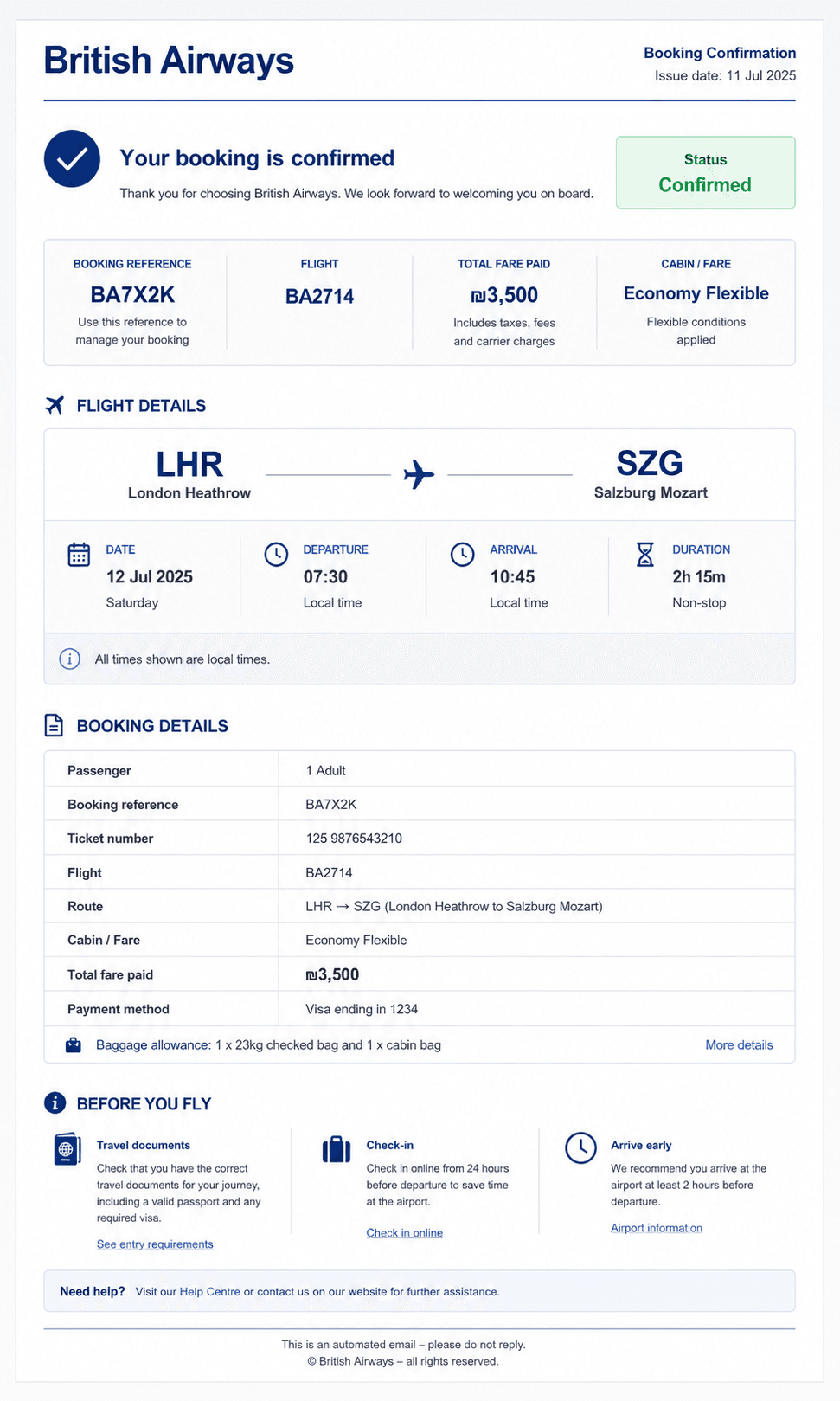 Flight booking confirmation — British Airways BA2714
